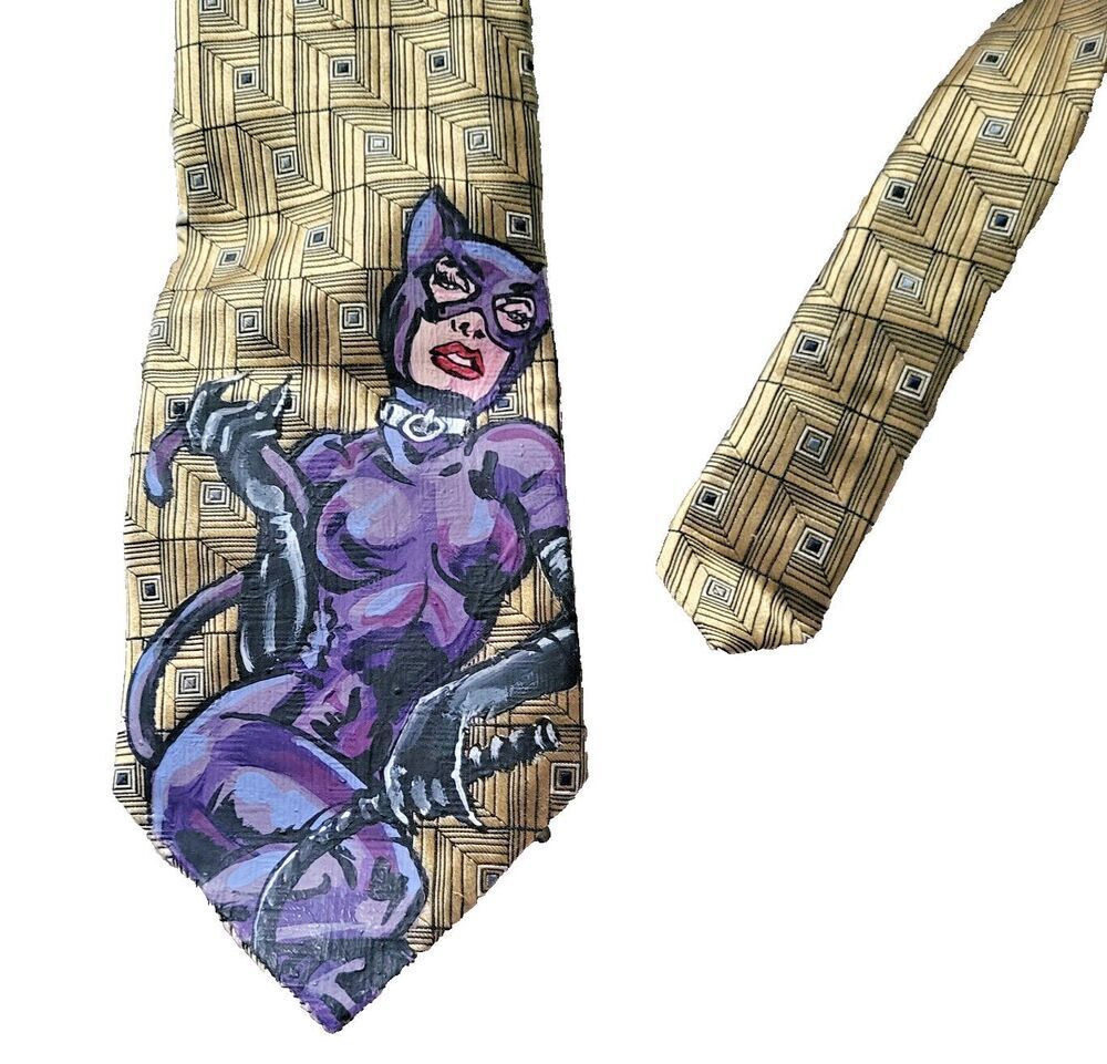 Handpainted Catwoman Tie 4in wide One of a Kind